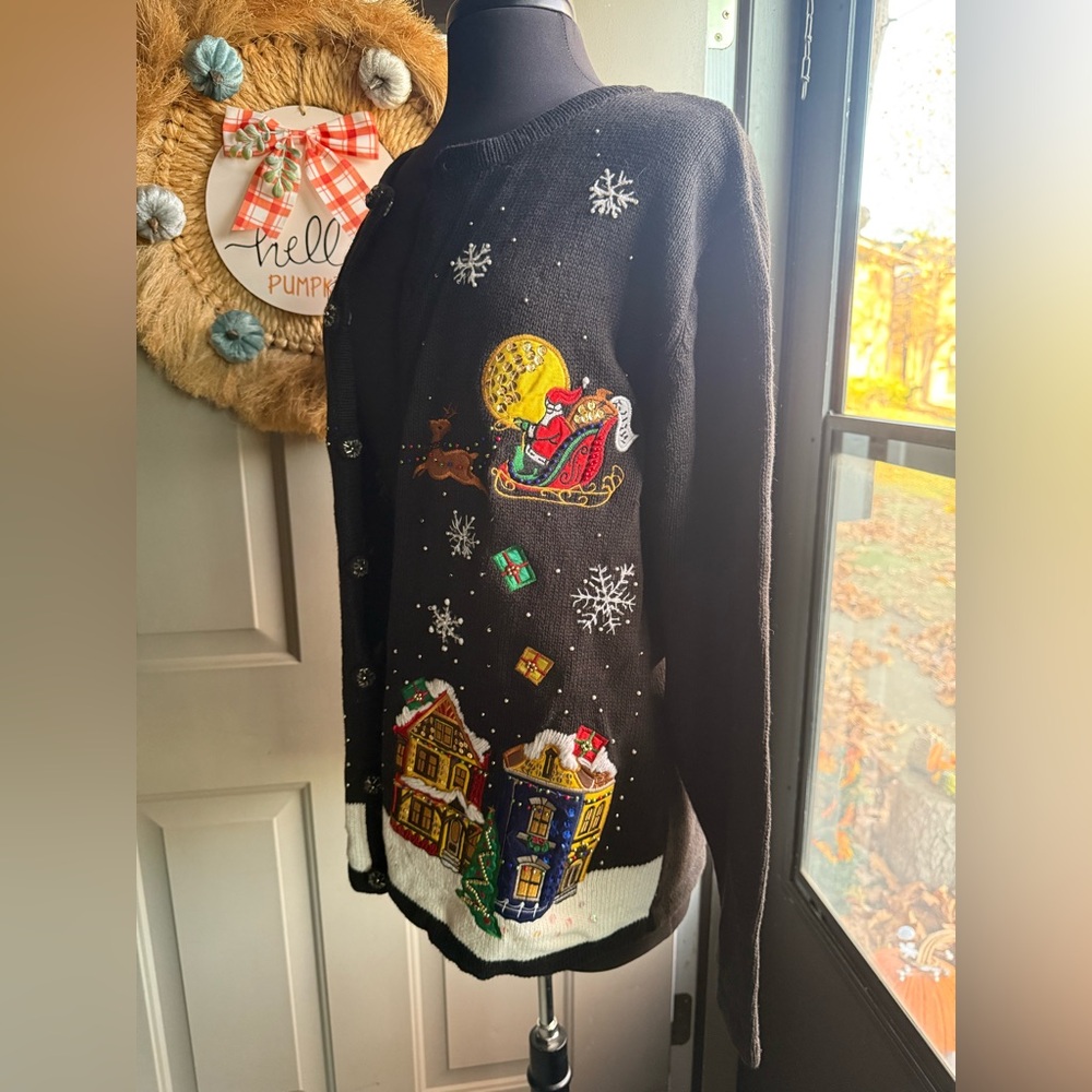 Vintage Basic Editions embroidered Santa holiday cardigan sweater, size XL - Picture 2 of 16